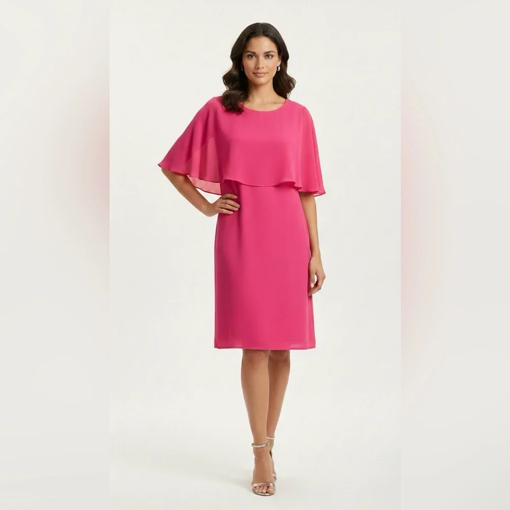 Glamour Nights Pink Popover Cape Sheath Dress Size 6 Chiffon Overlay - Picture 4 of 10